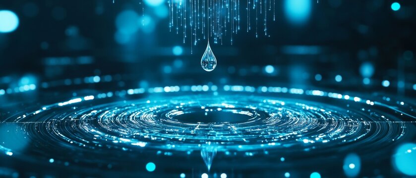 Floating particles and a water drop in a futuristic digital setting, visualizing advanced technology and precision