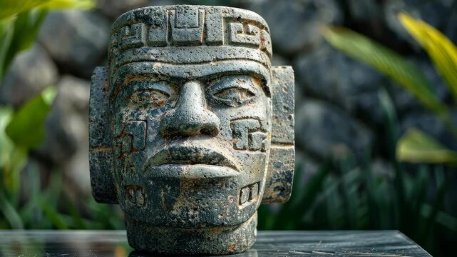 Exploring the ancient stone head of a colossal figure in a lush archaeological site