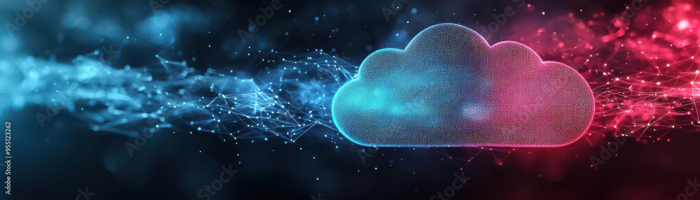 Poster futuristic digital cloud computing network concept, showing data transfer and storage in a vibrant v