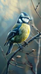 Fototapeta premium A blue tit perched on a branch with soft light.
