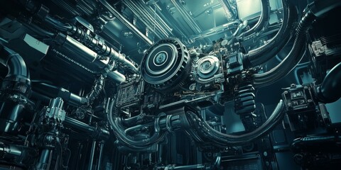 Fototapeta premium Intricate mechanical machinery with pipes and gears.