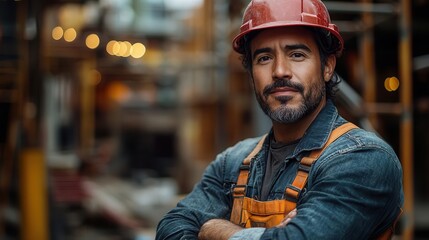 confident hispanic man in safety gear and hard hat standing with arms crossed in a bustling construction site surrounded by scaffolding and heavy machinery