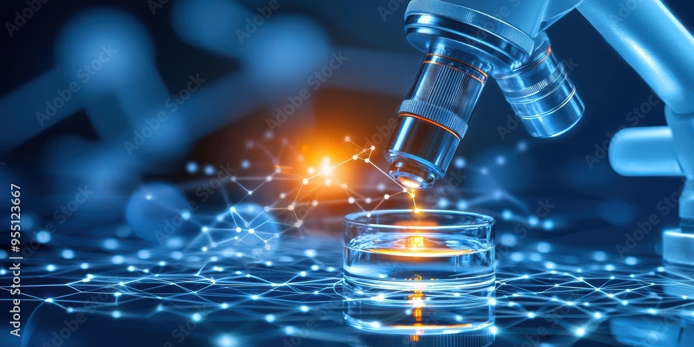 Poster close-up of a microscope analyzing a sample, showcasing advanced technology and scientific research 