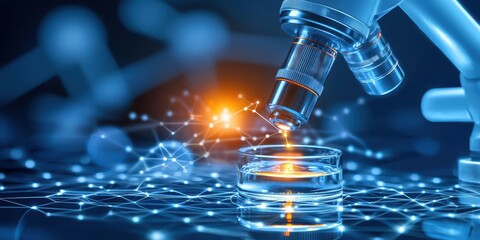 Close-up of a microscope analyzing a sample, showcasing advanced technology and scientific research in a high-tech laboratory setting.