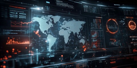 Digital interface showcasing international banking features with interactive elements and real-time data professional and modern