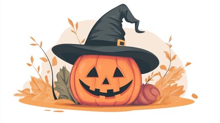 A festive Halloween pumpkin with a witch hat, surrounded by autumn leaves, perfect for seasonal decoration and celebrations.