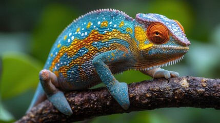 Obraz premium Colorful Chameleon Camouflaged on Tree Branch - Nature's Adaptive Beauty