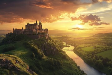 Obraz premium A majestic castle stands high on a lush hill. The sunset paints the sky in vibrant colors. A river flows gently below, enhancing the beauty of the landscape. Generative AI