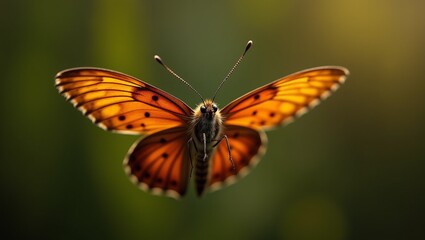 Obraz premium A close-up moth flies in the air on a green blurred background