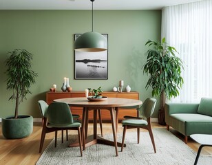 Modern Living Room with green Sofa, Abstract Wall Art, and Subtle Green Decor Accents for a Serene Ambiance