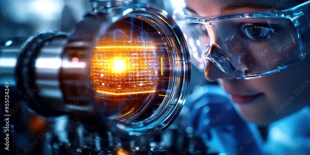 Poster close-up of a scientist examining a high-tech microscope lens with a glowing light source, showcasin