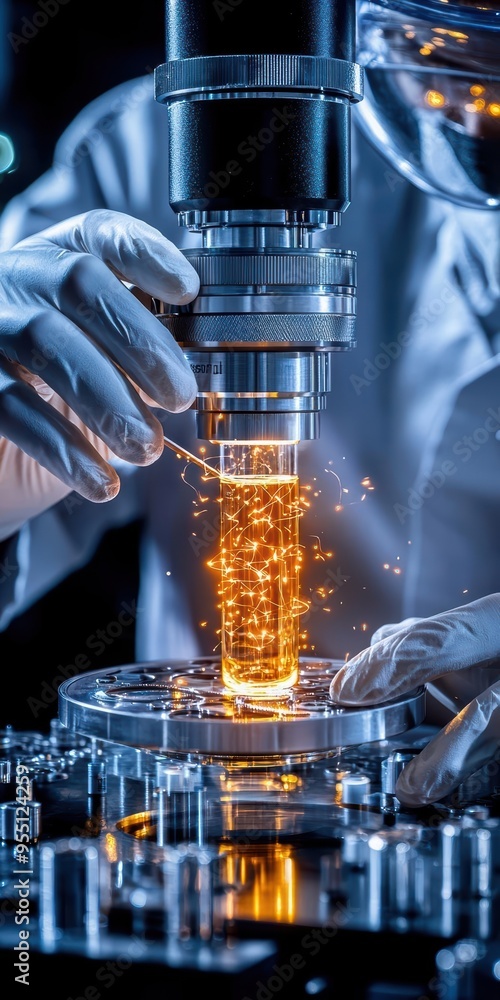 Aufkleber close-up of a scientist observing a glowing liquid through a microscope in a modern laboratory setti