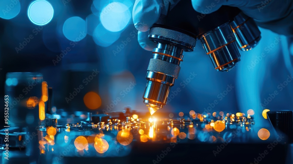 Poster Close-up of a technician examining a circuit board with precision instruments in a high-tech lab environment.