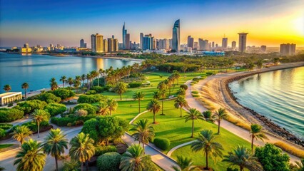 Fototapeta premium Serene Coastal Landscape With A Bustling City Skyline And Lush Greenery In Dhahran, Saudi Arabia