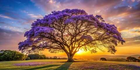 A majestic purple leafed Jacaranda tree stands tall against a soft, warm sunrise, shot from a low angle, morning golden light, a realistic photo image.