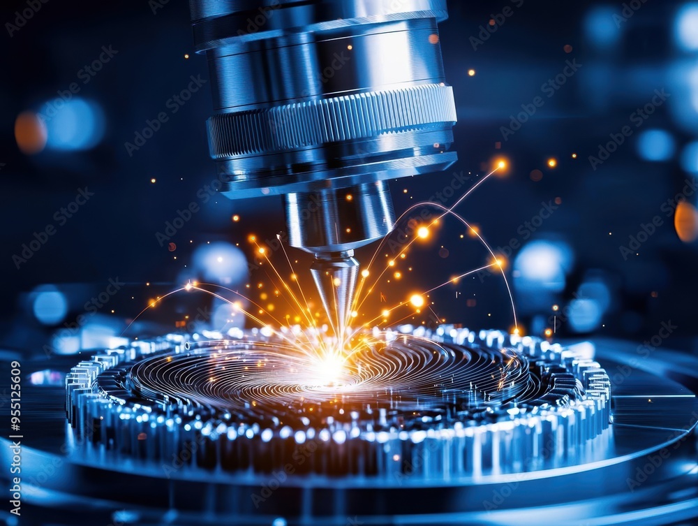 Poster high-tech laser technology showcases precision and innovation in a modern manufacturing process, hig