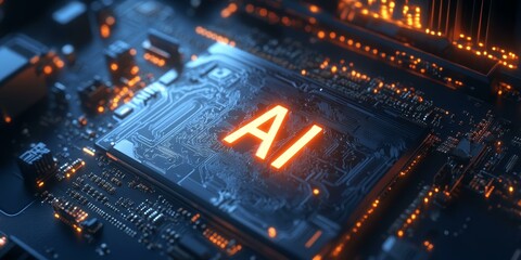 Obraz premium Circuit board with glowing AI lettering.