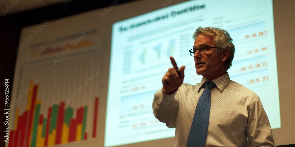 Poster Economist explaining supply and demand dynamics with visual aids and detailed financial data professional presentation