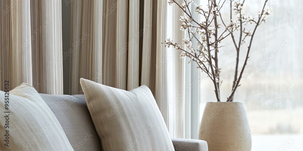 Canvas Prints Striped curtains, couch, pillows, vase with branches.