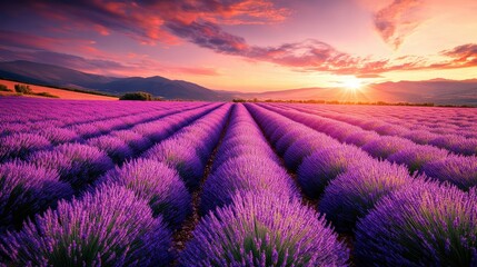 Lavender fields bathed in the soft, atmospheric light of sunset, with the air thick with the scent of flowers and the horizon glowing