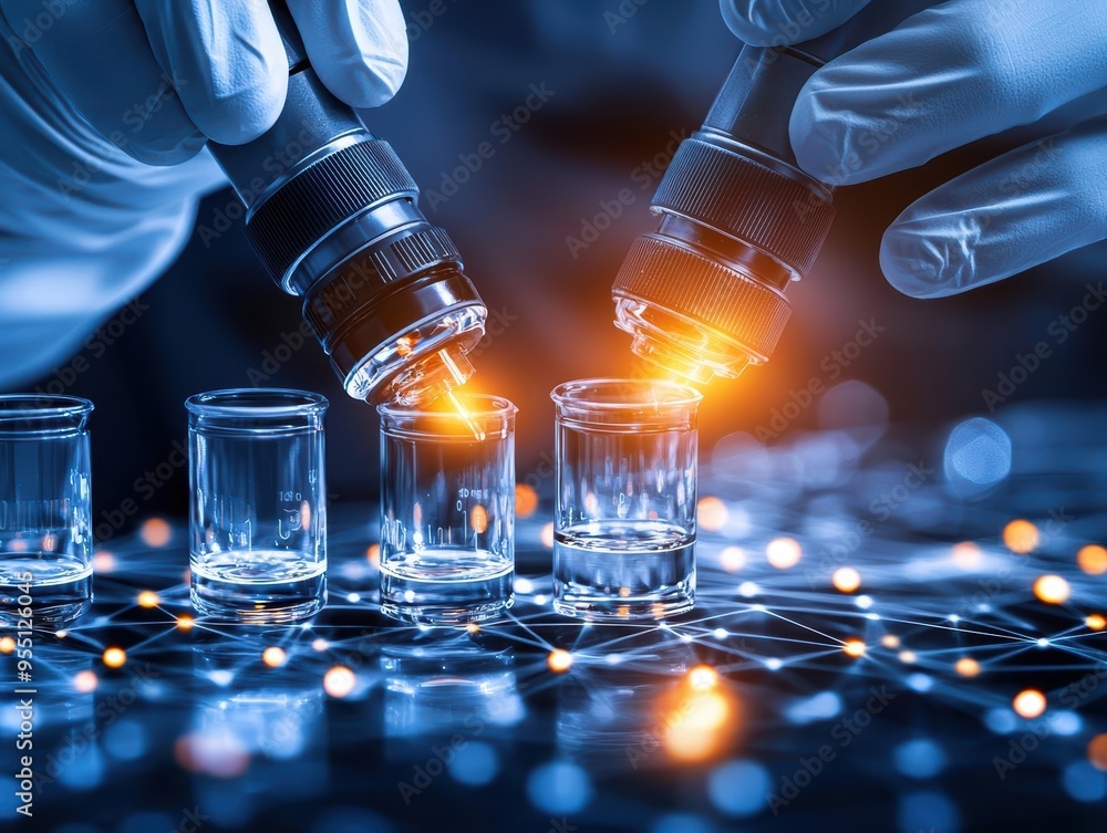 Poster two lab technicians using a microscope and glass vials in a modern scientific research environment w