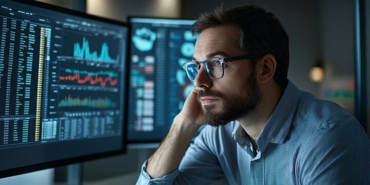 Financial analyst reviewing global financial reports on a digital platform detailed and comprehensive interface