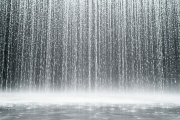 Abstract close-up of a cascading waterfall with water drops and spray against a black background.