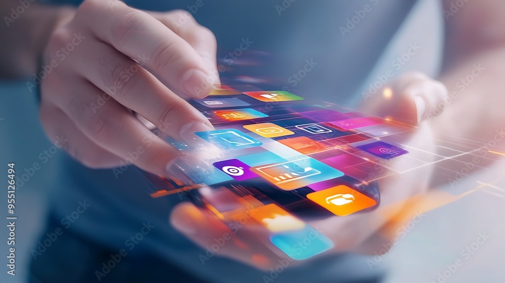 Poster a hand interacting with a phone displaying colorful app icons