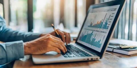 Financial planner analyzing cost management data on a laptop clear visualizations of expense control modern setting