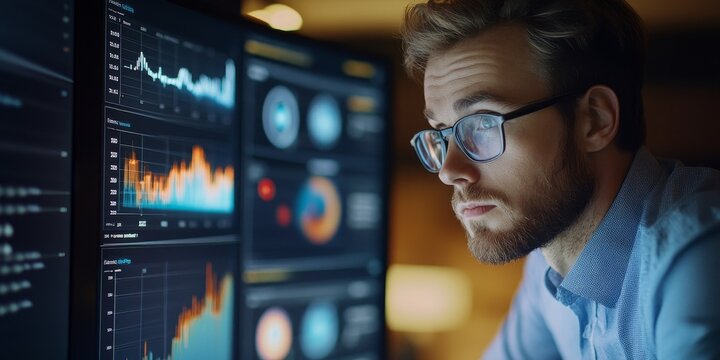 Financial analyst reviewing global financial reports on a digital platform detailed and comprehensive interface