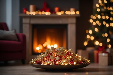 A beautiful display of festive decorations and stars in a cozy living room, highlighted by a glowing fireplace, creating a warm holiday atmosphere.
