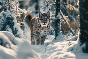Obraz premium A striking image of a European lynx prowling silently through a snowy forest 