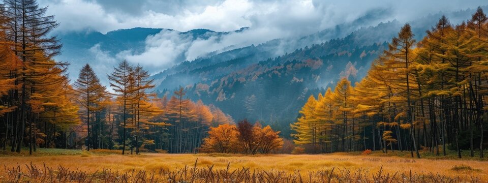 Autumnal Mountain Landscape with Misty Valley beautiful view