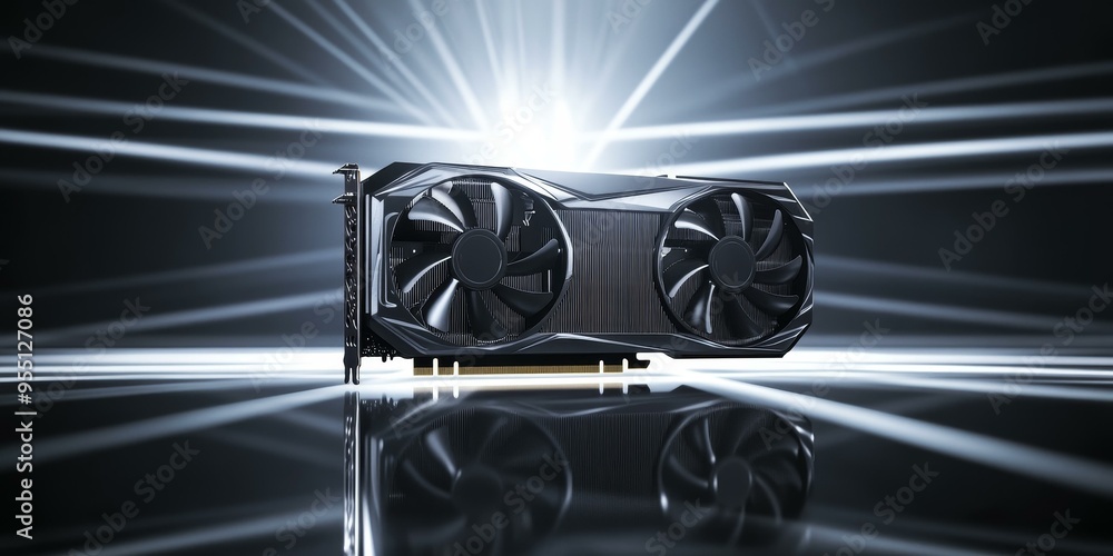 Wall mural Black graphics card with two fans, illuminated by light beams.