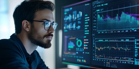 Financial analyst reviewing supply and demand data on a digital platform clear visualizations and performance metrics modern interface