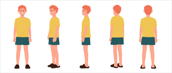 Teenage boy cartoon character standing in different pose with various angles isolated set on white