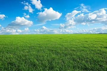 A well-trimmed green grass field with blue sky 