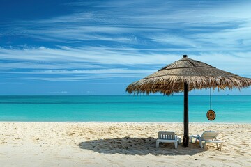 Two white lounge chairs under a thatched umbrella on a white sandy beach with clear turquoise water and a blue sky with wispy clouds.