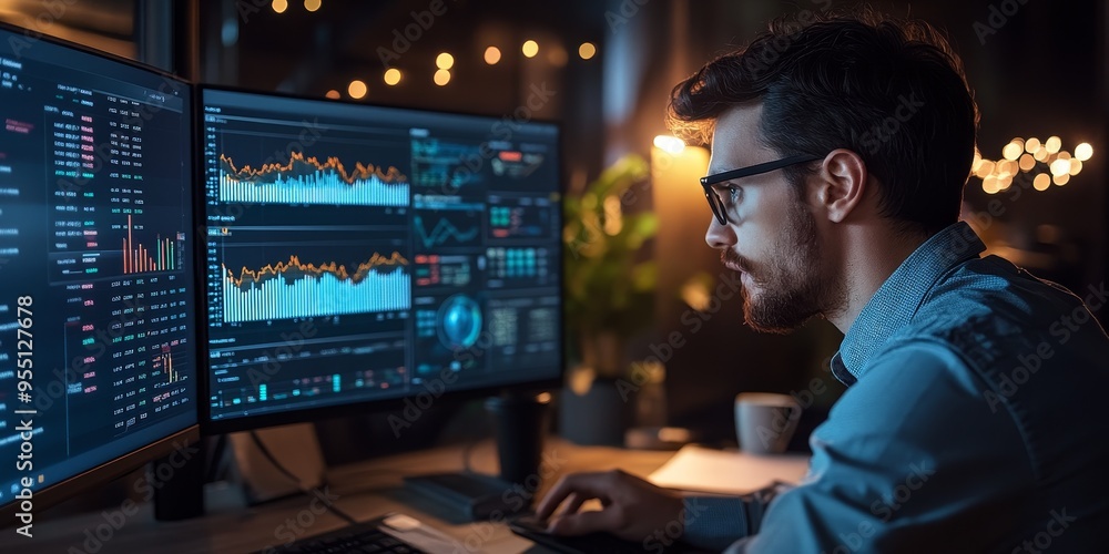 Leinwandbilder financial analyst reviewing market analysis on a digital platform multiple graph types and clear lab