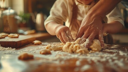 Father with his daughter or son flour dough in kitchen
