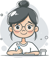 Cute girl studying writing notebook education knowledge learning student school cartoon illustration graphic design digital art isolated