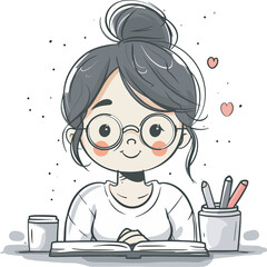 Cute girl studying reading book education knowledge learning student school happy cartoon illustration art design character young coffee cup pencil stationary graphic drawing sketch doodle digital