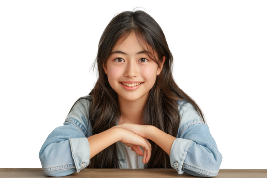 Confident Asian teenage girl sitting at a table isolated on transparent background - Powered by Adobe