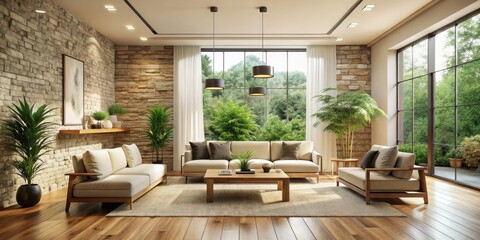 Fototapeta premium Sleek, minimalist living room with cream-colored walls, rustic stone accents, and sleek wooden floors, surrounded by ample natural light and lush greenery.