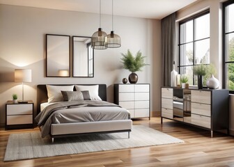 Sleek modern bedroom features a black and white glass dresser, nightstand, and bedframe, embellished with minimalist decor, set against a neutral-toned background.