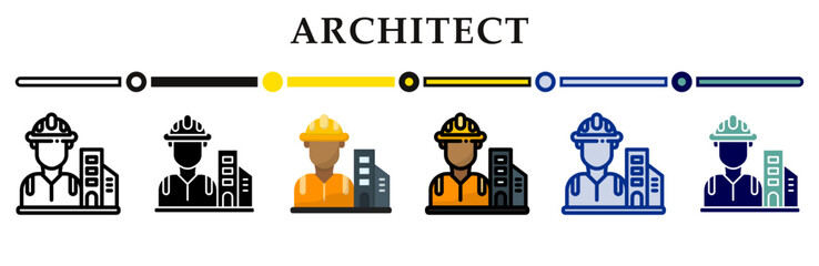 Architect icons set. 6 Various styles. For sign, symbol, element, presentation, infographic or web graphics. Vector Illustration.