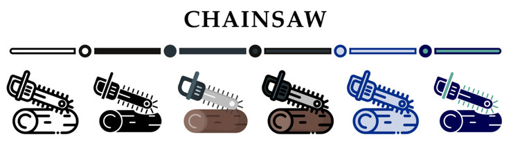 Chainsaw icons set. 6 Various styles. For sign, symbol, element, presentation, infographic or web graphics. Vector Illustration.