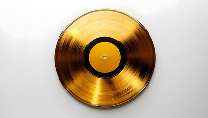 Flat Lay Photography of a Golden Record on a White Background, High Resolution Image Showcasing Details and Elegance