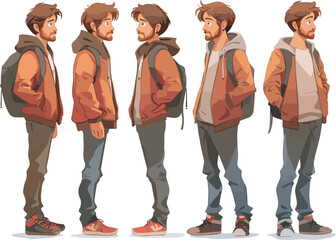 Young man character design turnaround with backpack casual outfit and different poses side view front view back view full lengthillustration isolated on background for animation and motion design