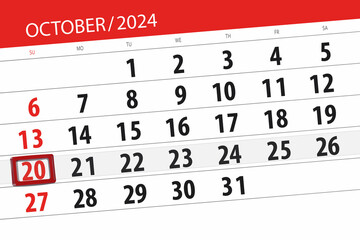 Calendar 2024, deadline, day, month, page, organizer, date, October, sunday, number 20